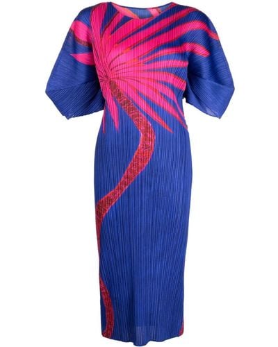 Pleats Please Issey Miyake Robe mi-longue plissée à fleurs - Bleu