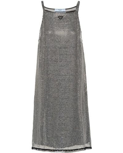 Prada Embroidered Rhinestone Mesh Dress - Gray