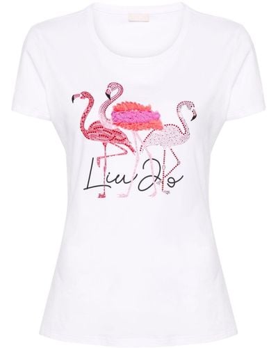 Liu Jo Flamingo-appliqué Jersey T-shirt - Pink