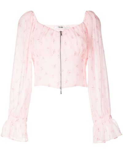 B+ AB Floral-embroidery Zipped Blouse - Pink