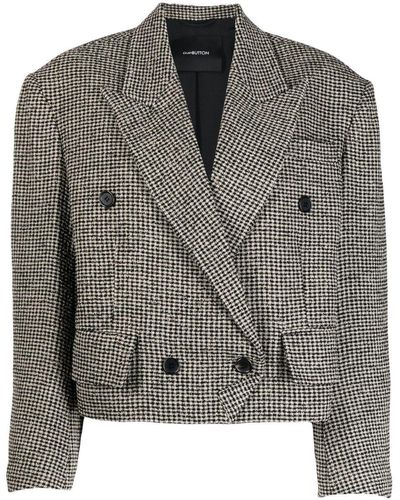 Pushbutton Double-breasted Checked Jacket - Black
