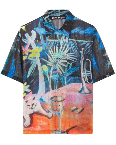 Palm Angels Oil On Canvas Button-up Bowling Shirt - Blue