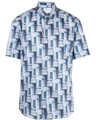 Brioni Geometric-print Short-sleeve Shirt - Blue