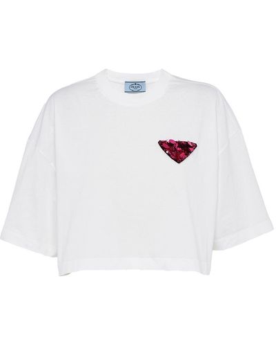Prada Crystal Embellished Logo T-shirt in White