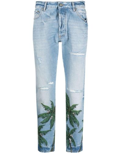 Palm Angels Slim-Fit-Jeans mit Palmen-Print - Blau