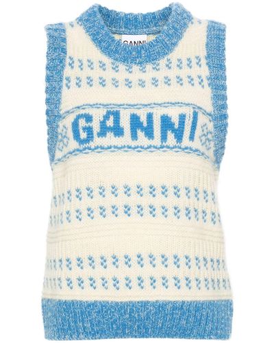 Ganni Intarsien-Wollpullunder mit Logo - Blau