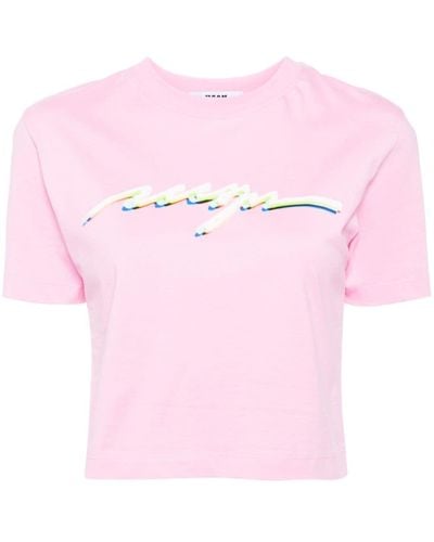 MSGM Logo-print Cropped T-shirt - Pink
