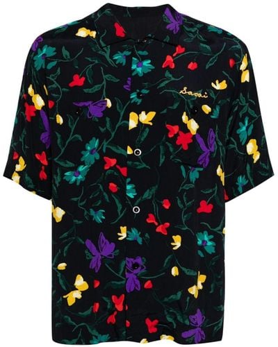 Sacai Embroidered-logo floral-print shirt - Noir