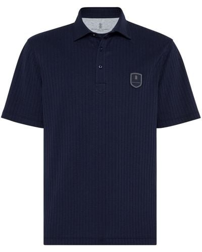 Brunello Cucinelli Geripptes Poloshirt mit Logo-Applikation - Blau