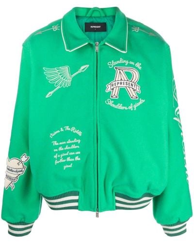 Represent Motif-embroidered Wool-blend Bomber Jacket - Green