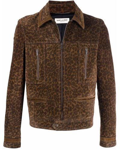 Saint Laurent Leopard-print Suede Jacket - Brown