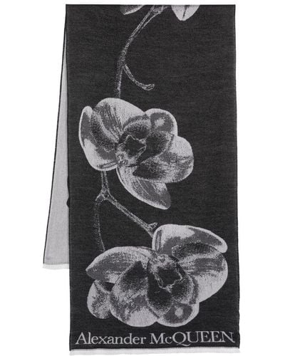 Alexander McQueen Orchid Jacquard Wool-silk Scarf - Grey