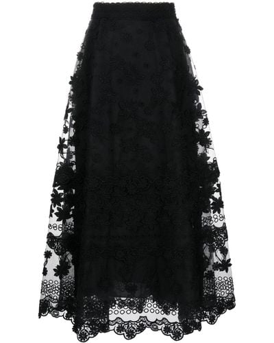 Elie Saab Floral-embroidered Midi Skirt - Black