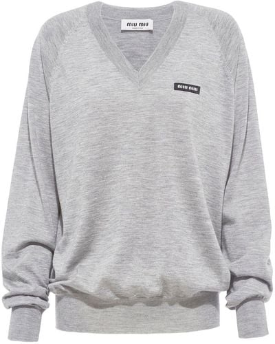 Miu Miu Logo-patch V-neck Cashmere Sweater - Gray