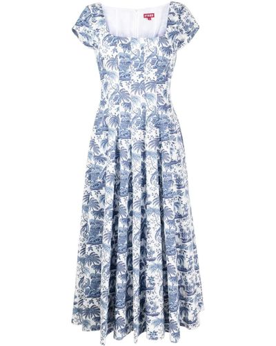 STAUD Wells Graphic-print Cotton Midi Dress - Blue