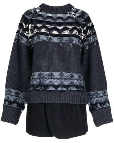 Goen.J Layered Distressed Fair Isle-knit Sweater - Blue