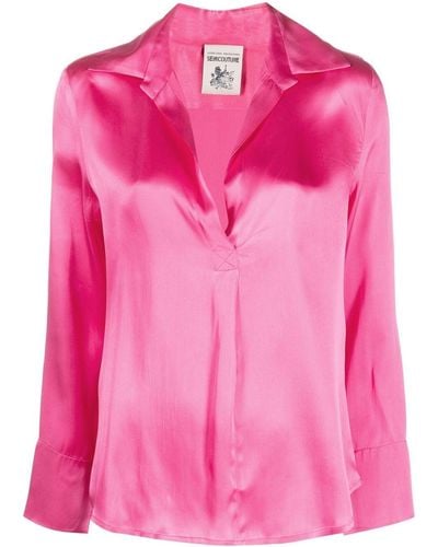 Semicouture Satin Long-sleeve Polo Top - Pink