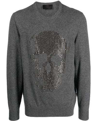 Philipp Plein Crystal-embellished Skull Cashmere Sweater - Gray