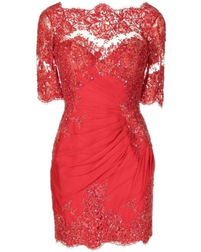 Zuhair Murad Ruched Floral-lace Mini Dress - Red