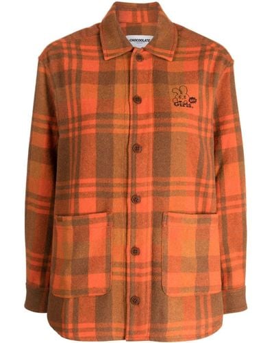 Chocoolate Plaid-check Flannel Shirt - Orange