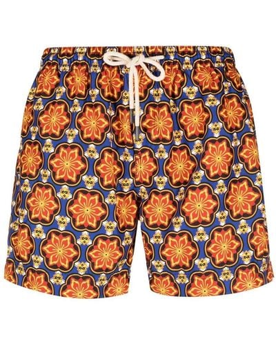 Peninsula Geometric-print Swim Shorts - Orange
