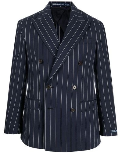 Polo Ralph Lauren Double-breasted Pinstriped Cotton And Silk-blend Blazer - Blue