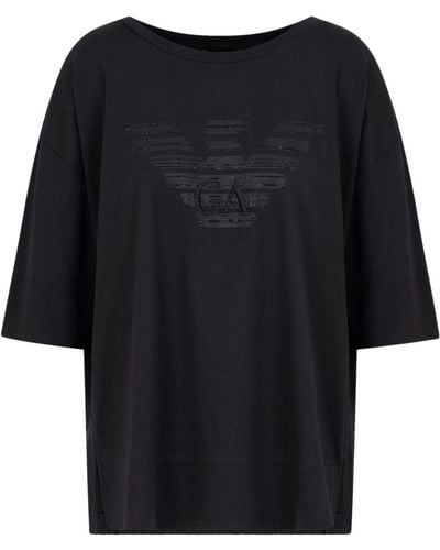 Emporio Armani T-Shirt mit Strass-Logo - Schwarz