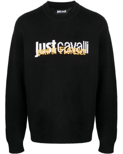 Just Cavalli Intarsia Knit Logo Cotton Sweater - Black