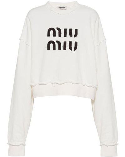 Miu Miu Logo-embroidered Distressed Cotton Sweatshirt - White