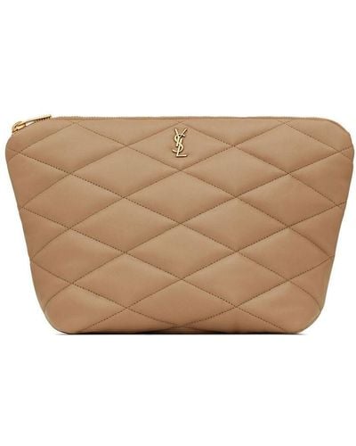 Saint Laurent Quilted Logo-plaque Makeup Bag - Natural