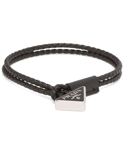 Prada Triangle-logo Braided Leather Bracelet - Black