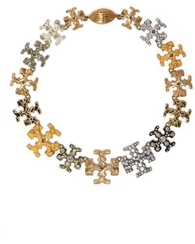 Tory Burch Embellished Logo Necklace - Metallic