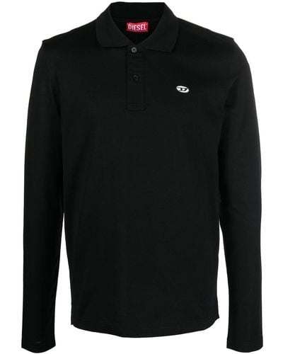 DIESEL Logo Embroidered Long-sleeve Polo Shirt - Black