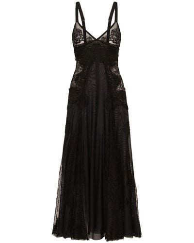 Dolce & Gabbana Abito longuette a sottoveste in tulle con inserti in pizzo - Nero