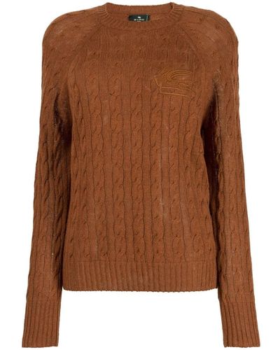 Etro Logo-embroidered Cable-knit Sweater - Brown