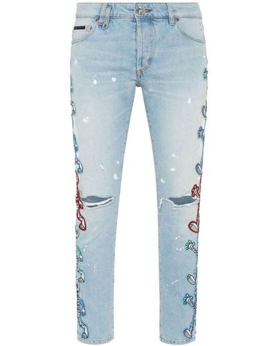 Philipp Plein Jeans skinny a vita bassa Skully Gang - Blu