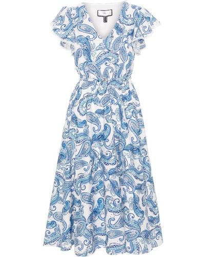 Nissa Paisley Flared Midi Dress - Blue