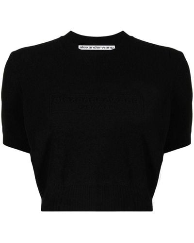 Alexander Wang Logo-embossed Cropped Knitted Top - Black