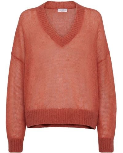 Brunello Cucinelli V-neck Open-knit Sweater - Pink