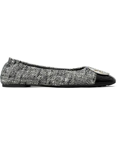 Tory Burch Claire Tweed Ballet Court Shoes - Women's - Cotton/rubber/nappa Leather/patent Leather - Grey