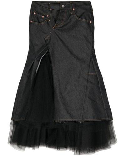 Junya Watanabe Tulle-inserts asymmetric denim skirt - Negro