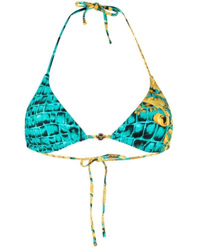 Versace Baroccodile-print Triangle Bikini Top - Blue