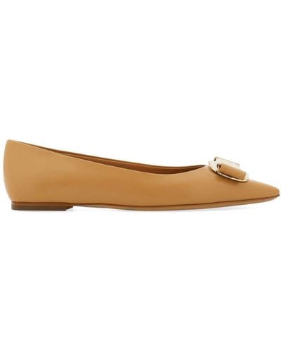 Ferragamo New Vara Leather Ballerina Shoes - Brown