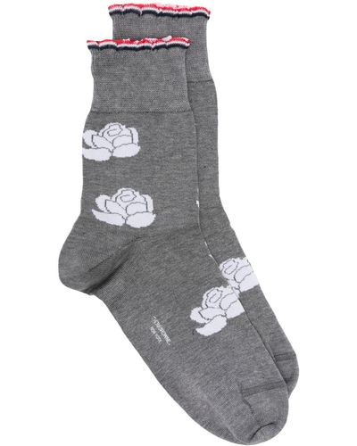 Thom Browne Floral-intarsia Ankle Socks - Grey