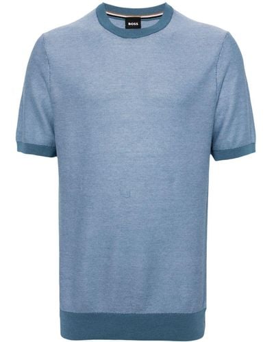 BOSS Contrast-trim Knitted T-shirt - Blue