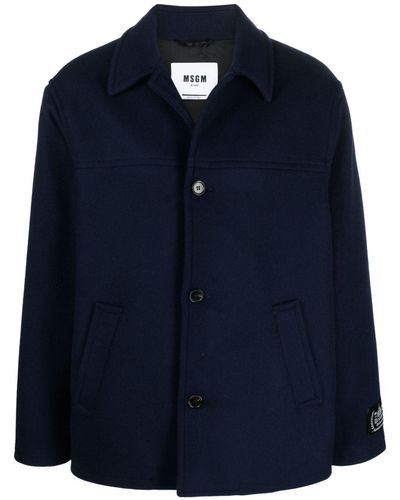 MSGM Wool Coating Logo-patch Jacket - Blue