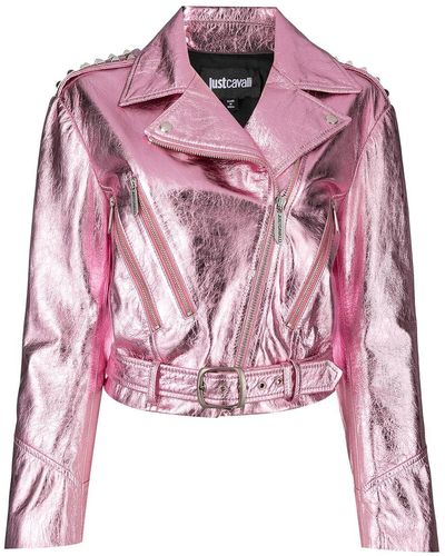 Just Cavalli Cropped-Bikerjacke im Metallic-Look - Pink