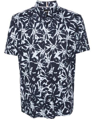 BOSS Floral-print Cotton Shirt - Blue