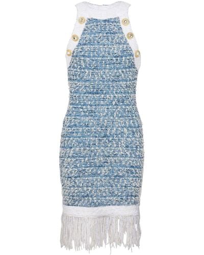 Balmain Tweed Mini-jurk Met Franje - Blauw