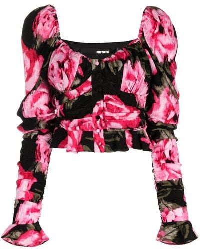 ROTATE BIRGER CHRISTENSEN Floral-jacquard Gathered Cropped Blouse